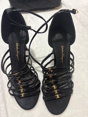 Salvatore Ferragamo Black Multi-Strap Leather Heels with Gold Accents